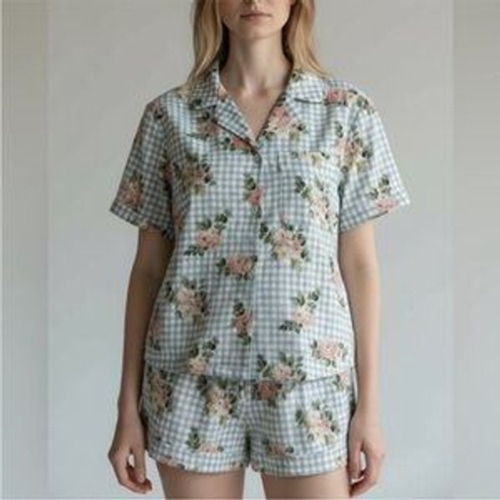 Daydream‎ Berkshire Home Pajama Set Blue Gingham Pink Floral Shorts Top Small